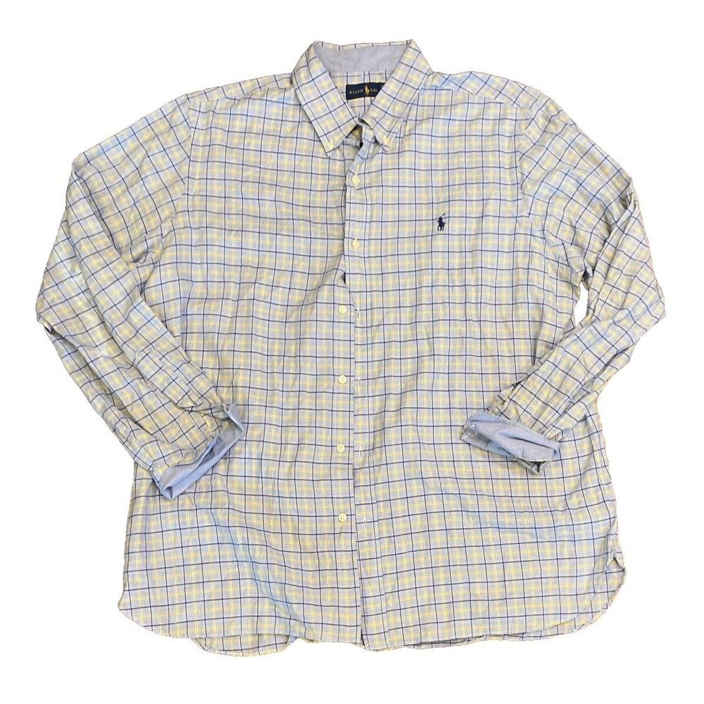 Ralph Lauren Shirt Mens Blue Yellow Plaid Button Long Sleeve Pony Casual XL TG